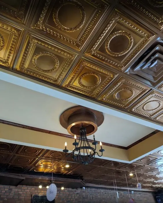 Pressed tin ceiling and chandelier